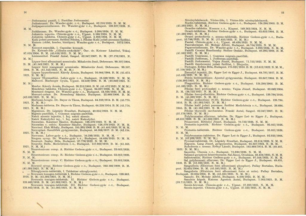 14 Jodocaseini pastill, l. Pastillae Jodocaseini. Jodostrumi.t. Dr. Wander-gyár, r.-t Budapest. 62.210/ 1925. N. M. M. Jódpapaverintheoson. Dt'. Wander-gyái- l'.-t., Budapest. 139.227/ 1926. N. M. :M.