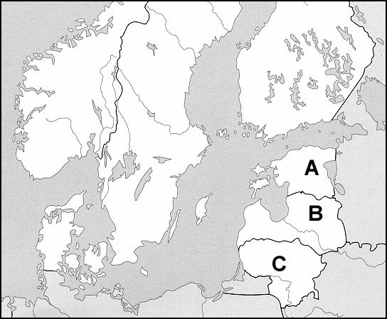 M072-501-1-1M 15 C1 EVROPA / EURÓPA 22. Na karti 2 so s črkami označene pribaltske države. K črkam vpišite ime države. A 2. sz. térképen a betűk a balti államokat jelölik.