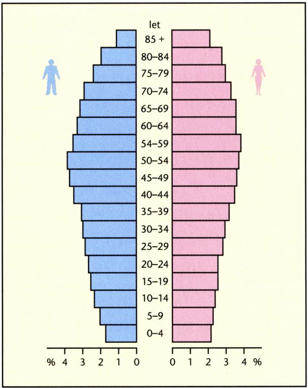 grafikonon annak a korfának a betűjelét, amely egy fejlett ország demográfiai jellegzetességeit mutatja be. Ezt követően írja le a gazdaságilag fejlett országok két demográfiai jellegzetességét.