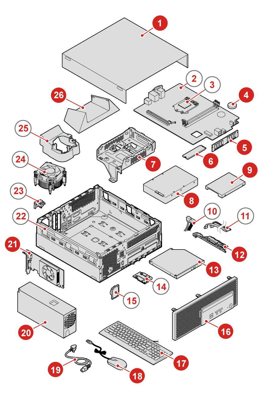 8. ábra A CRU-k és az FRU-k megtalálása 1 A számítógép borítása 2 Alaplap 3 Mikroprocesszor 4 Korongelem 5 Memóriamodul 6 M.