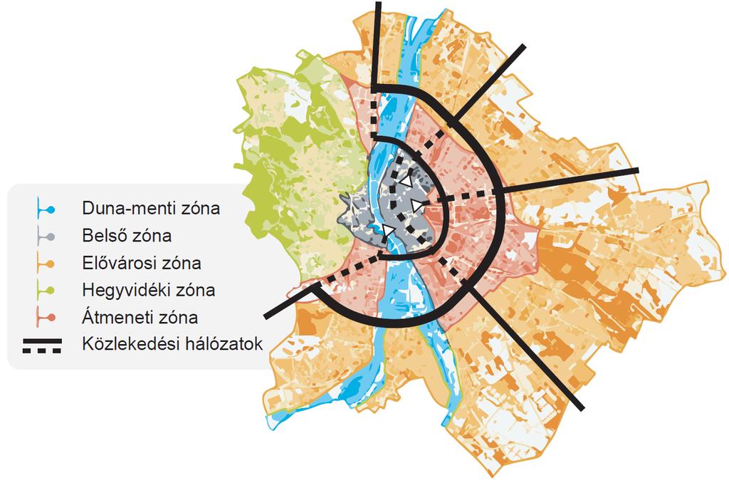 az Elővárosi és a Hegyvidék zóna, ahol megbízható alapszolgáltatást nyújt a közösségi közlekedés, de jelentős teljesítménnyel jelen van a személygépjármű közlekedés is (laza beépítésű térségek),