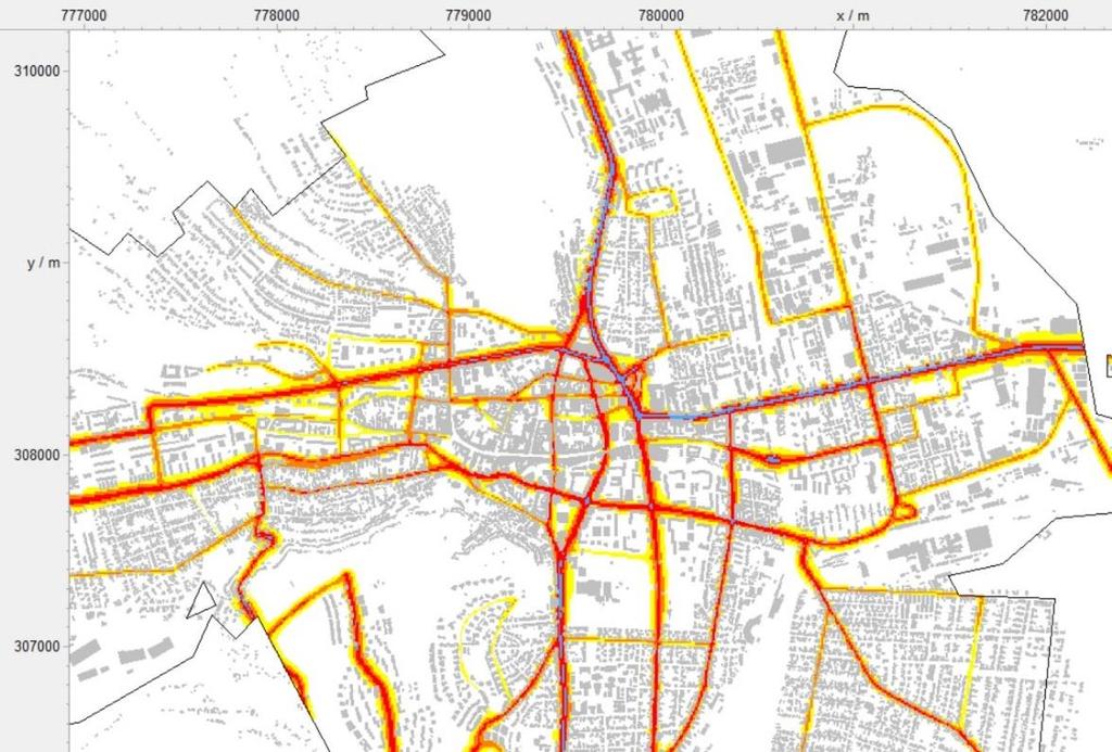 12. ábra Konfliktustérkép a belváros környékén Ugyancsak erre a területre elvégeztük az ÉM meghatározását 100x100