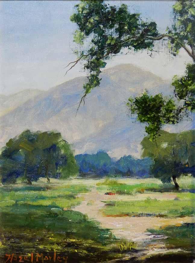 55. tétel Hazel Morley (amerikai festő) Ligetes táj hegyekkel 29x23 cm Olaj, vászon Jelezve