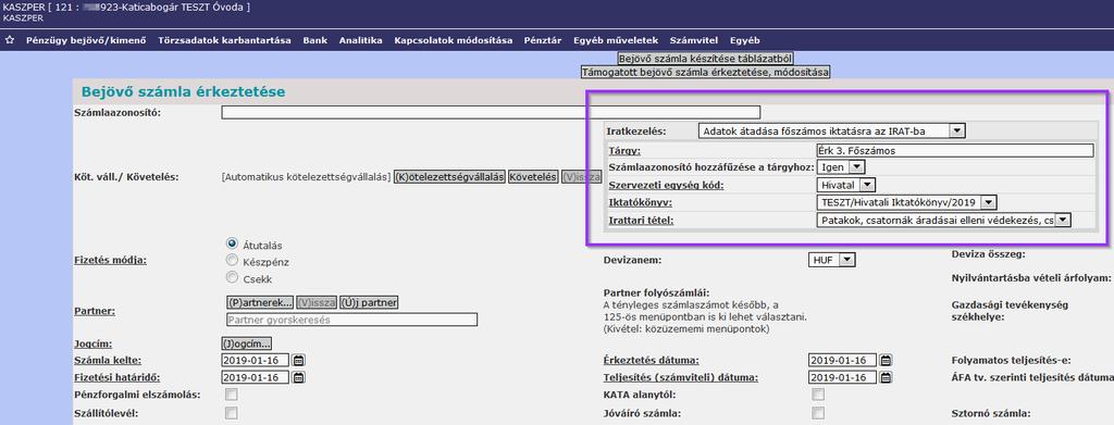 Alkalmazása a bejövő számla érkeztetése során: Lépjünk be a 121-es menüpontba, ezzel megtörténik az iratkezelő adatainak