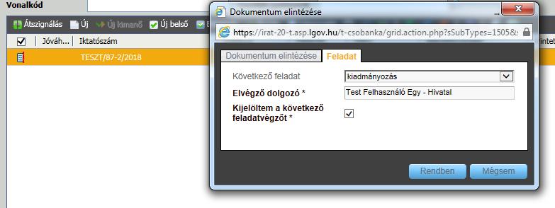 A Feladatok/Ügyintézés/Kiadmányozás menüpontban a kimenő irat kiadmányozását el kell végezni,