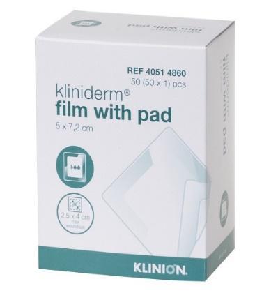 Kliniderm Film With Pad - átlátszó fólia kötszer, nedvszívó sebpárnával. Enyhe és közepesen váladékozó sebek, sérülések, valamint poszt-operatív sebek ellátásához.