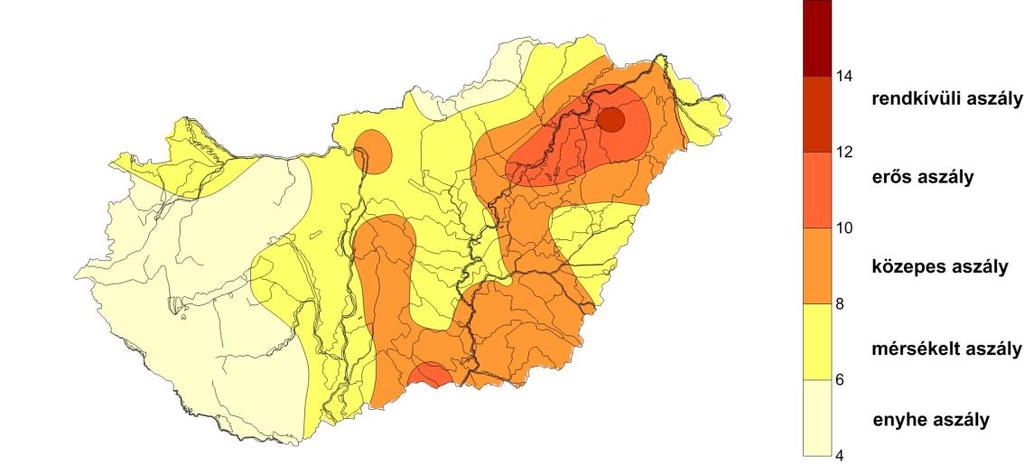 Az aszály erős fokozata az alföldi területek nagy részén kialakulhat, helyenként az aszályindex 10-12, sőt ezek fölötti értékeivel.