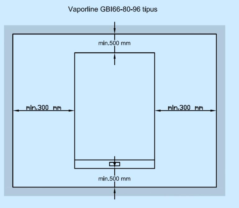 szükséglet,ellenállások a Vaporline GWT(250/300)-H hőszivattyúkhoz Modell l/s Elpárologtató vízoldali ellenállása max. m.v.o. kondenzátor vízoldali ellenállása max. m.v.o. 1 GWT250 5,4 0,55 0,9 2 GWT300 6,5 0,8 1,2 A faltávolságok: A nagyteljesítményű hőszivattyúkhoz a minimális faltávolságokat az ellenőrzés, karbantartás miatt be kell tartani!
