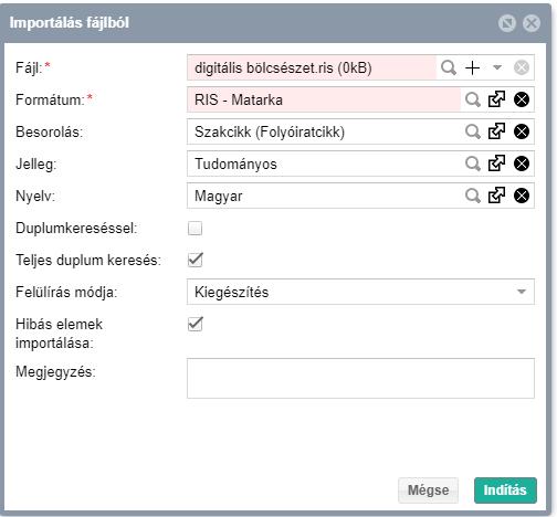 2. Letöltött publikációk importálása az MTMT-be Beállítható az importálandó közlemény Besorolása, Jellege és Nyelve.