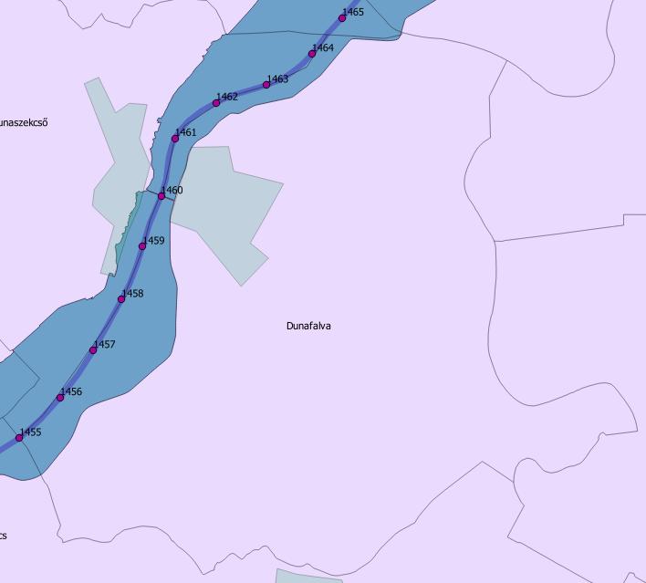 A Duna jobb partján az 1464,50-es és az 1455,00-ös fkm között, 5,4 km 2 -es területen érinti a tárgyi nagyvízi medret.