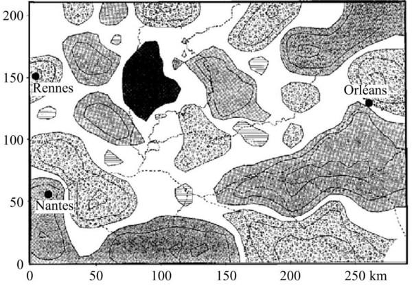 103. ábra - Kloroplaszt haplotípus csoportok Franciaország középső részén, a Loire völgyében (Petit et al., 1996).