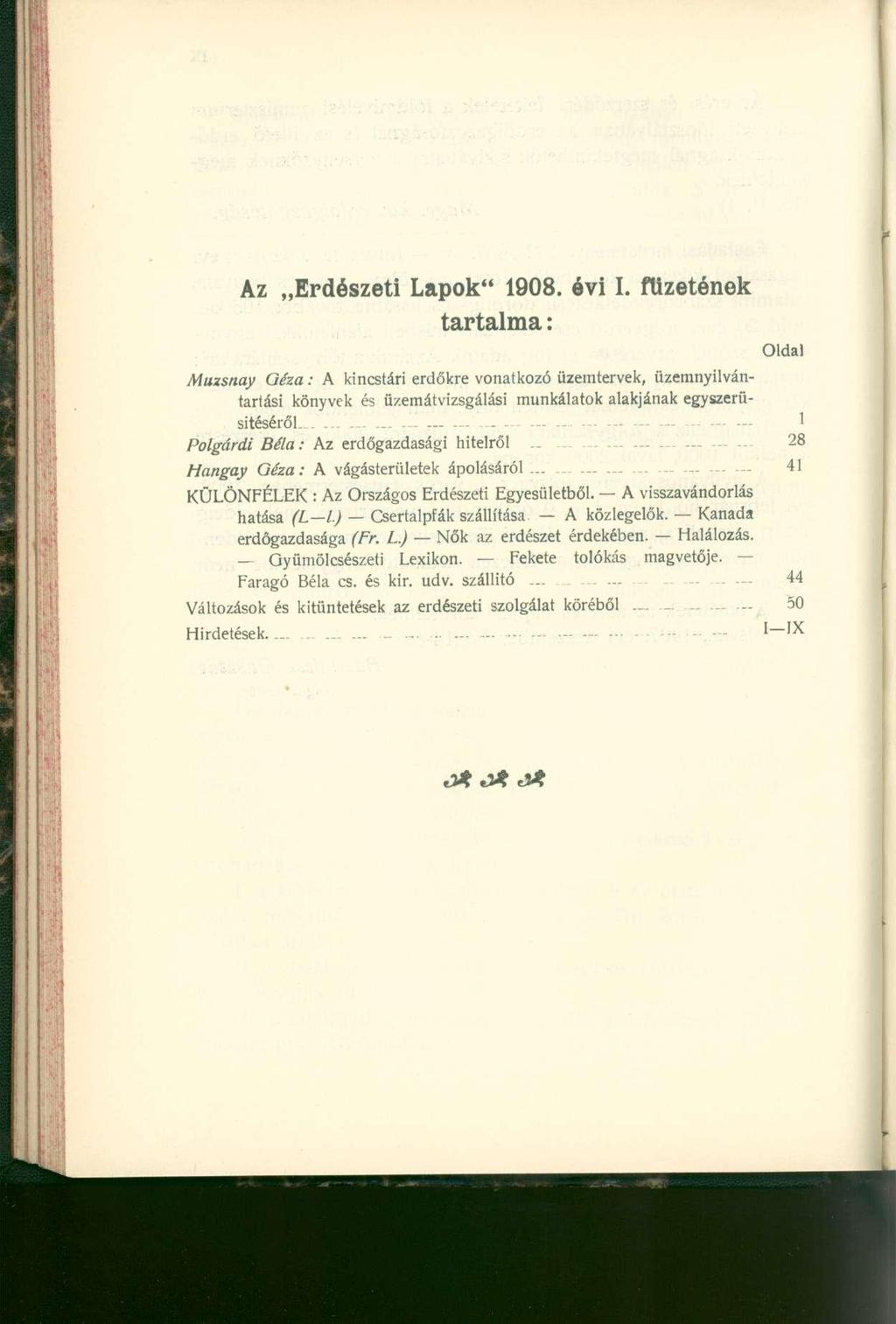 Az Erdészeti Lapok" 1908. évi I.