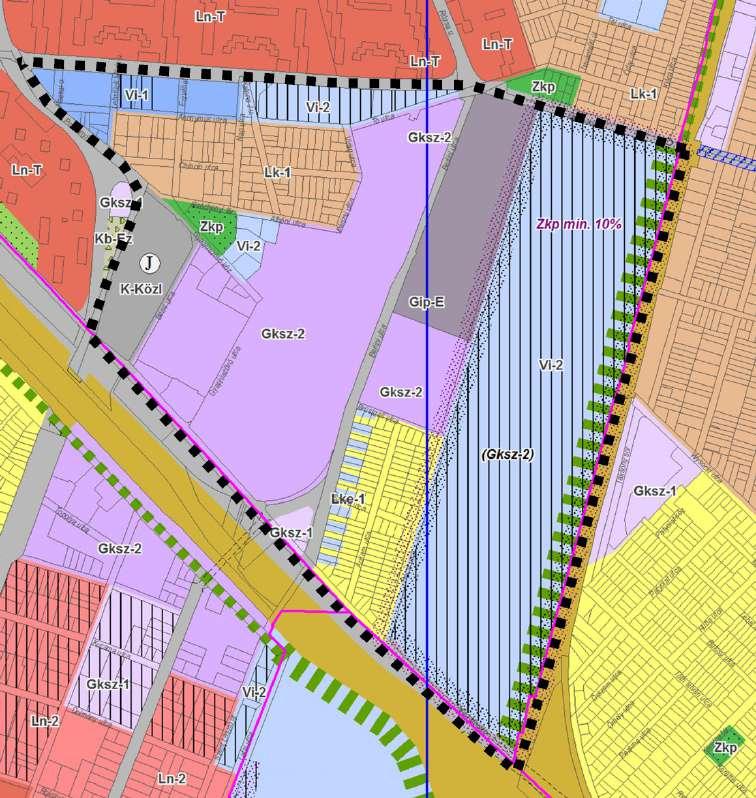 JOGSZABÁLYI KÖRNYEZET: TSZT 2017: Lk-1 - kisvárosias, jellemzően zártsorú beépítésű lakóterület Lke-1 - kertvárosias, intenzív beépítésű lakóterület Vi-1 - intézményi, jellemzően zártsorú beépítésű