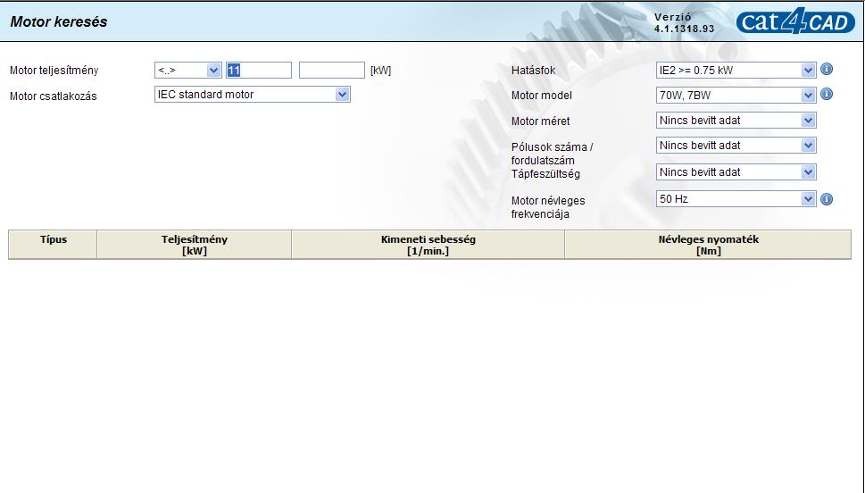 6. ábra A Motor keresés táblázatban (7. ábra) tudjuk beírni a kódban megadott teljesítmény értéket. Az ábra szerint 11 kw.