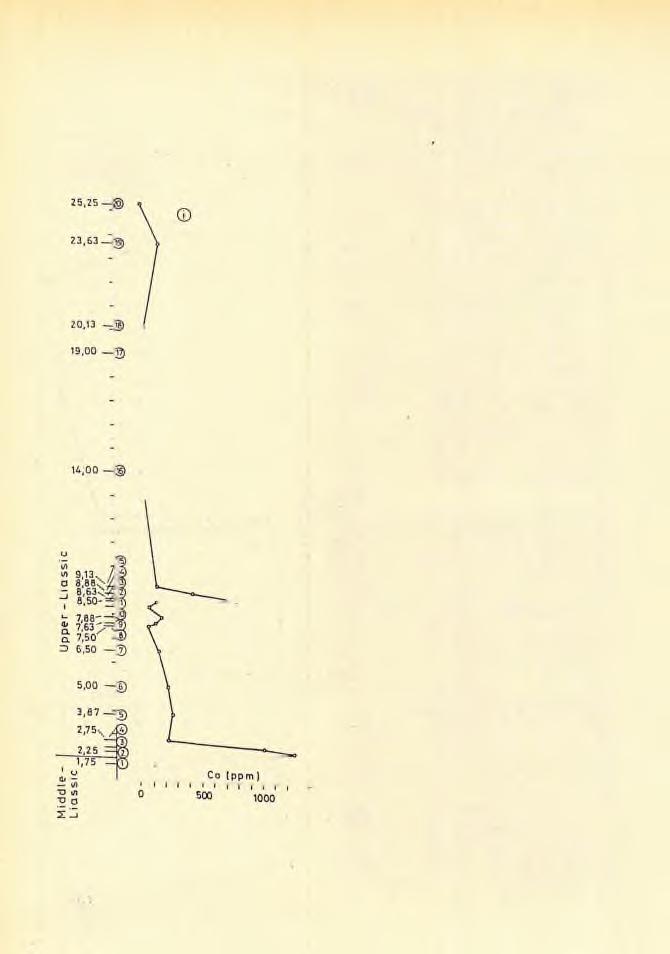 stratigraphic position m 150 sam pte F ig. 13. cont. In the main bed the Mn content is oscillating. In bed No. II the Mn and Fe contents increase together.