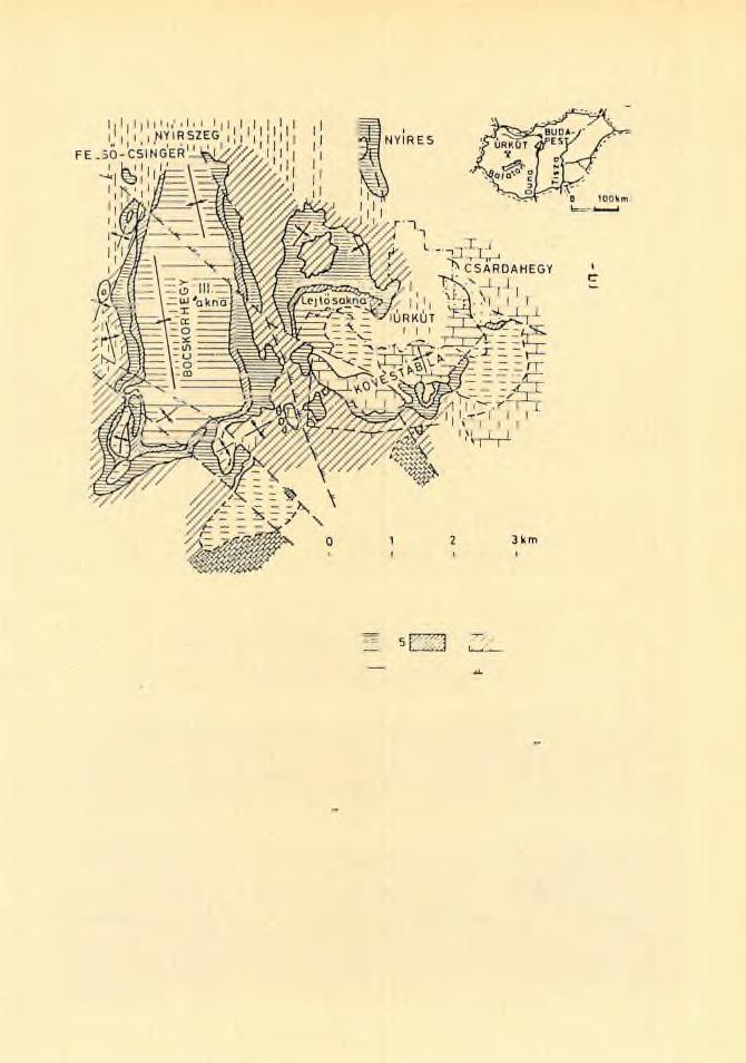 ' [ ^ 2EH 3 ^ 4; 1 6Í>~1 7E Z C ] 8E D 9B,0B ± I " E B >2 - - 7. ábra. Az úrkúti te rü le t földtani felépítése (CSEH-NÉMETH et a l., 1980). 7. t e lj e s k ife jlő d é s é ' karbonátos Mn é rc; 2.