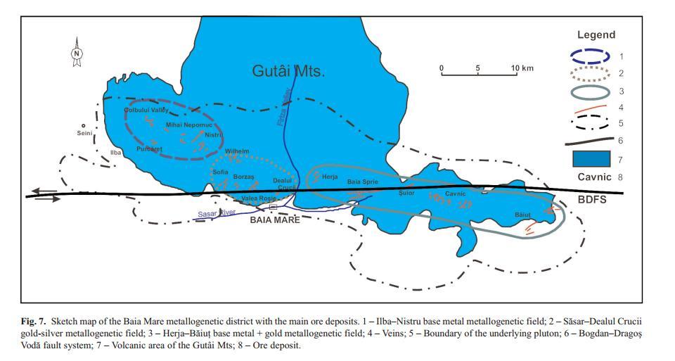 2.2.ábra. A Nagybányai metallogén zóna a legfontosabb epitermás érctelepekkel (Kovacs & Fülöp, 2010).