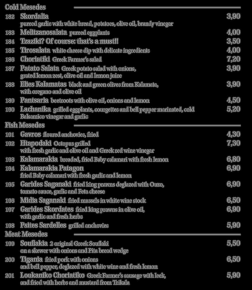 and Greek red wine vinegar 193 Kalamarakia breaded, fried Baby calamari with fresh lemon 6,80 194 Kalamarakia Patagon 6,90 fried Baby calamari with fresh garlic and lemon 195 Garides Saganaki fried
