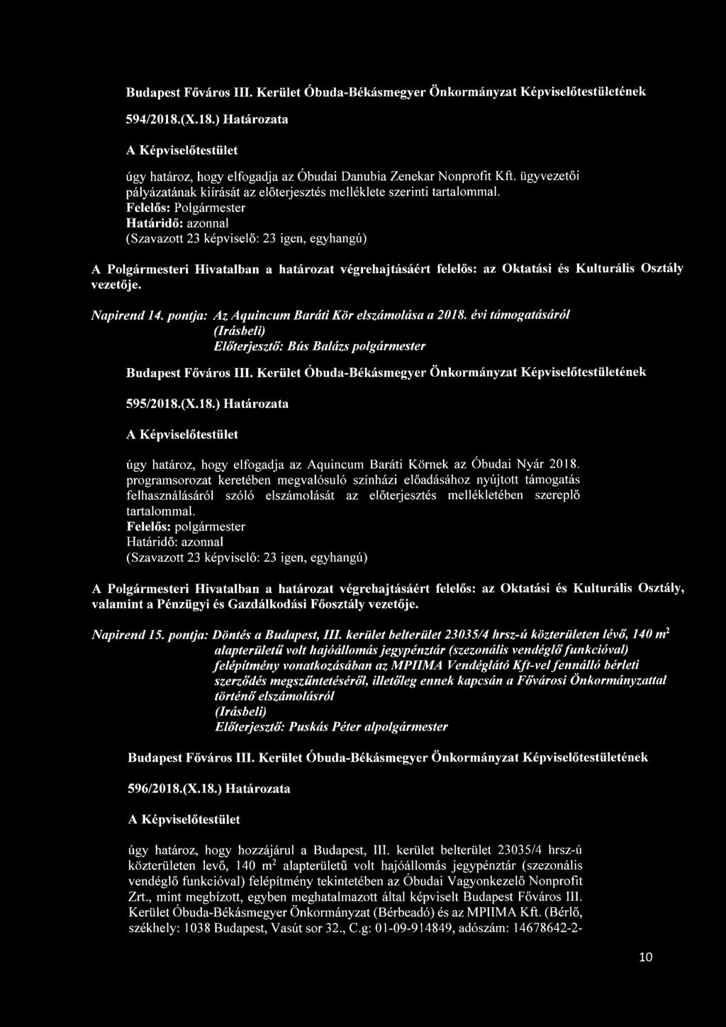 (X.18.) Határozata úgy határoz, hogy elfogadja az Aquincum Baráti Körnek az Óbudai Nyár 2018.