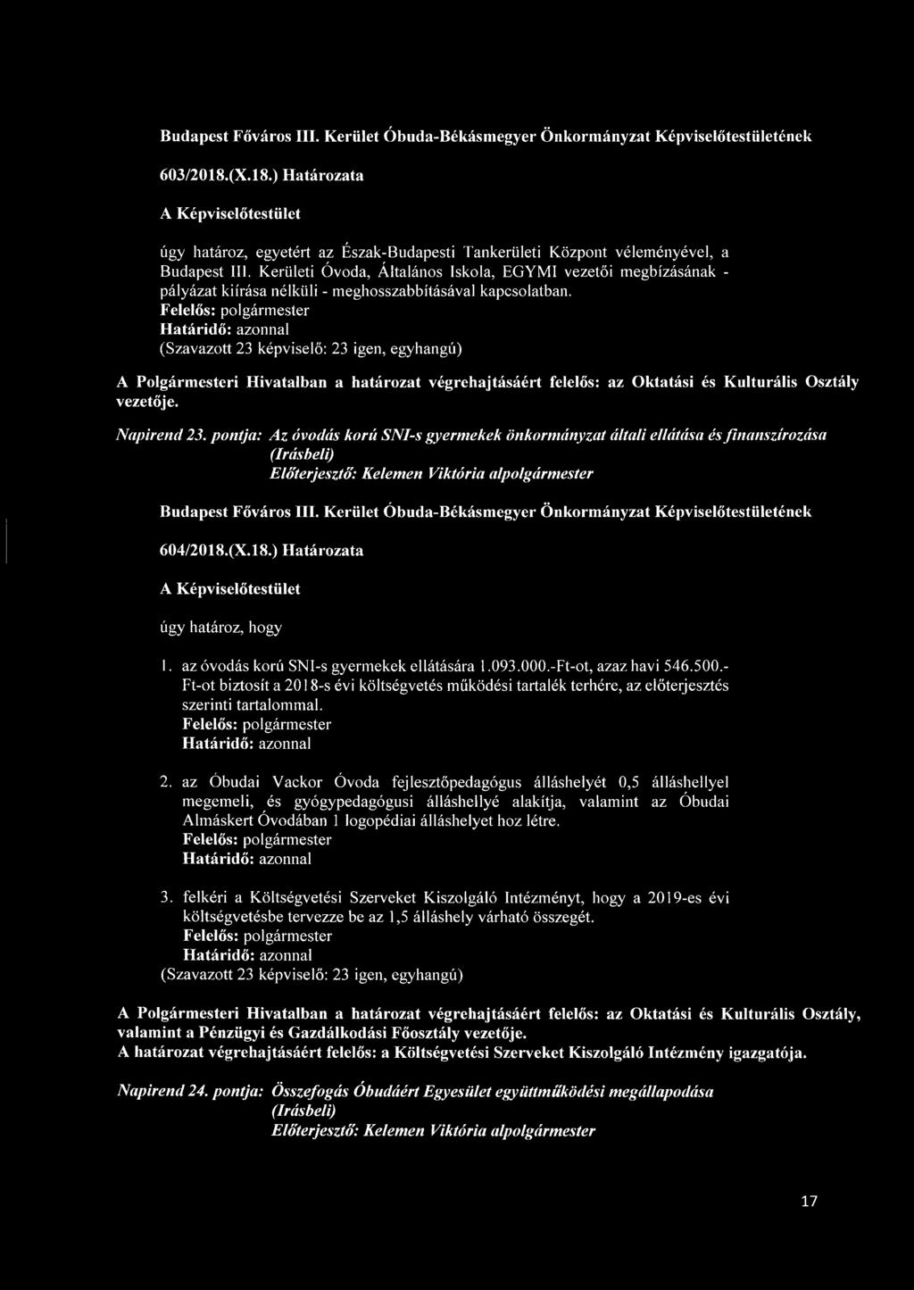 Felelős: polgármester A Polgármesteri Hivatalban a határozat végrehajtásáért felelős: az Oktatási és Kulturális Osztály vezetője. Napirend 23.