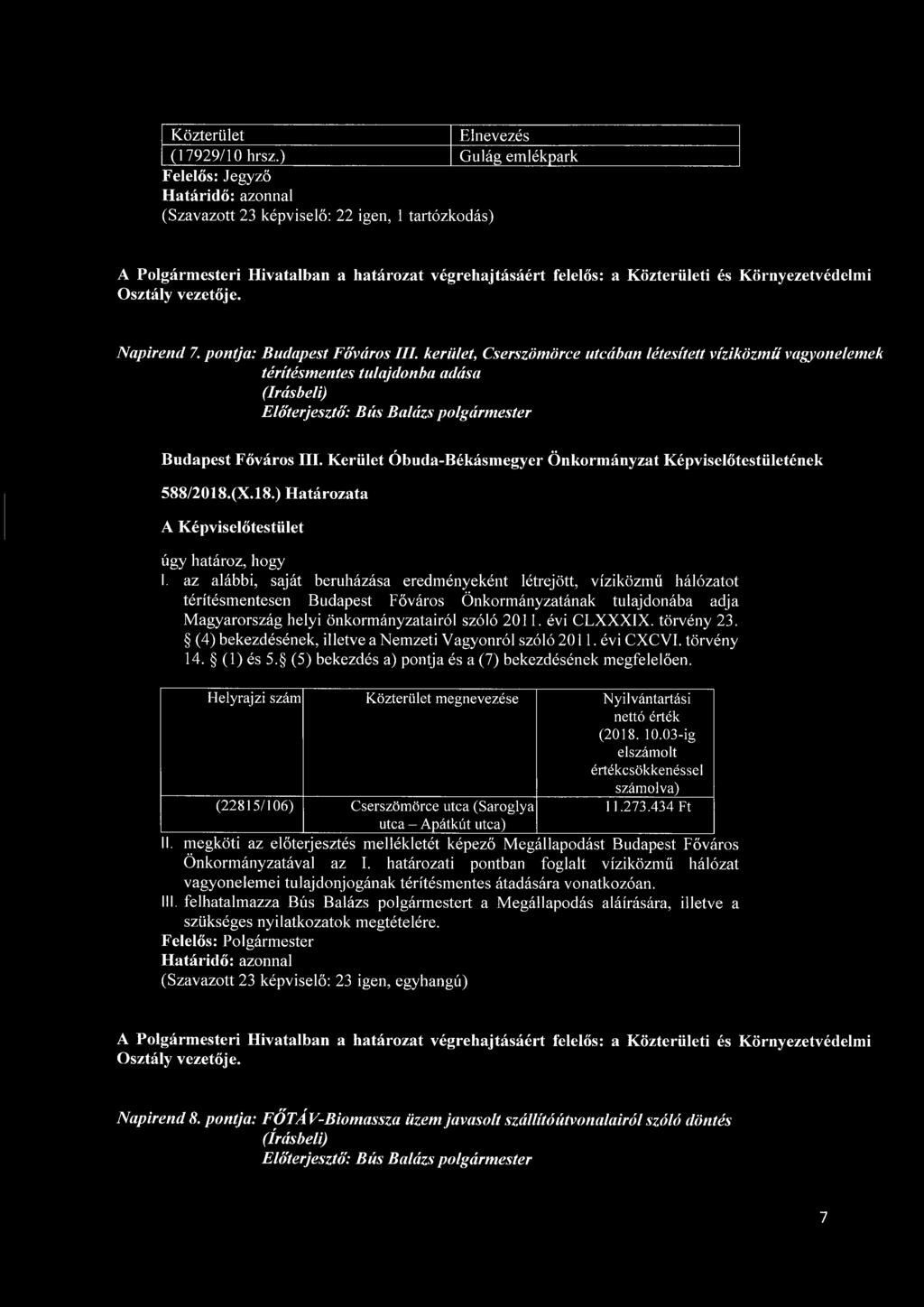 Napirend 7. pontja: Budapest Főváros III. kerület, Cserszömörce utcában létesített víziközmü vagyonelemek térítésmentes tulajdonba adása 588/2018.(X.18.) Határozata úgy határoz, hogy I.