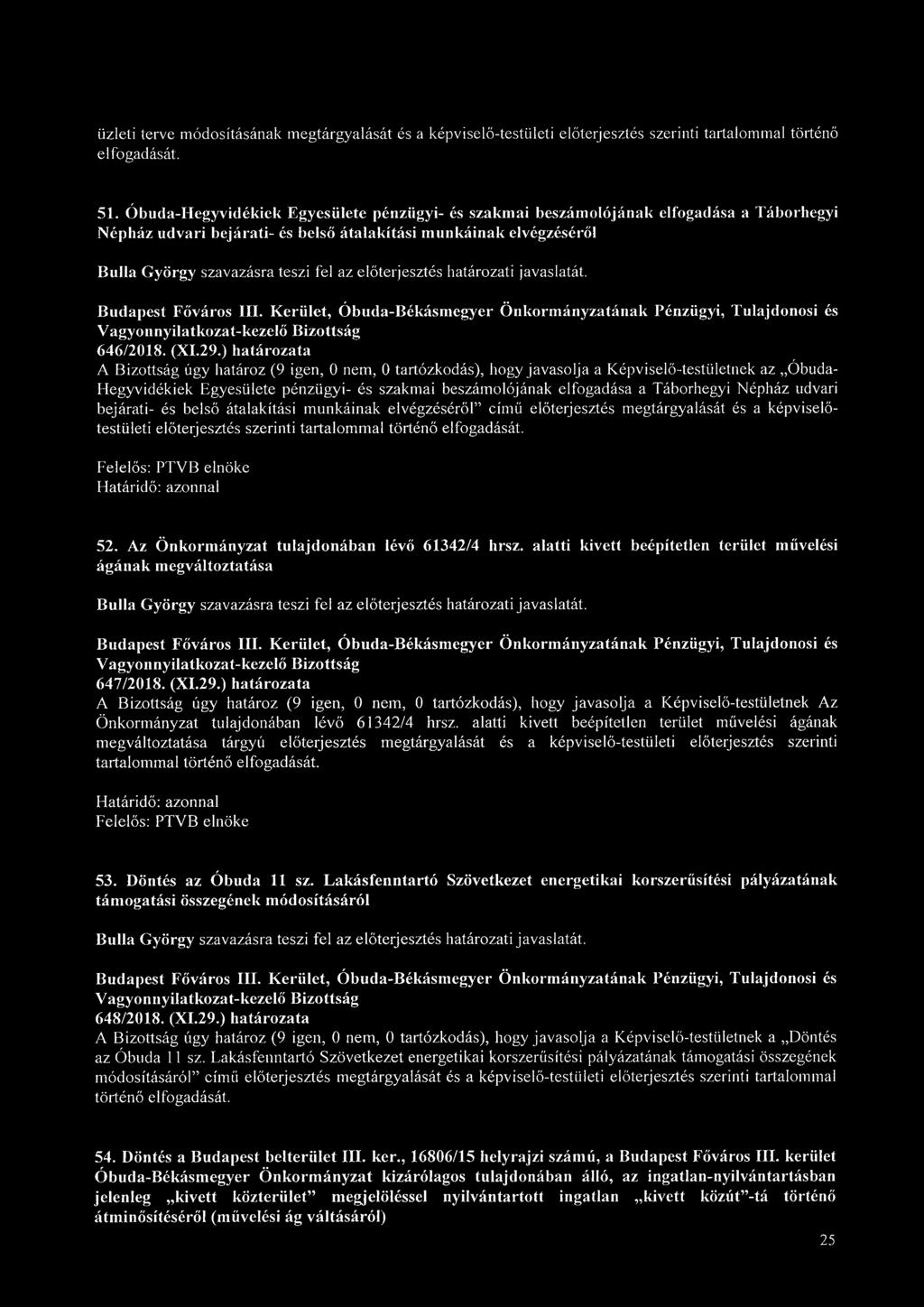 ) határozata A Bizottság úgy határoz (9 igen, 0 nem, 0 tartózkodás), hogy javasolja a Képviselő-testületnek az Óbuda- Hegyvidékiek Egyesülete pénzügyi- és szakmai beszámolójának elfogadása a