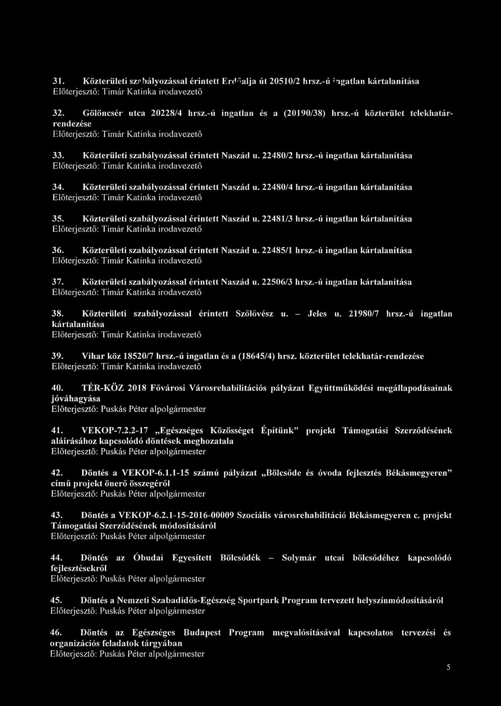 -ú ingatlan kártalanítása Előterjesztő: Tímár Katinka irodavezető 34. Közterületi szabályozással érintett Naszád u. 22480/4 hrsz.-ú ingatlan kártalanítása Előterjesztő: Tímár Katinka irodavezető 35.