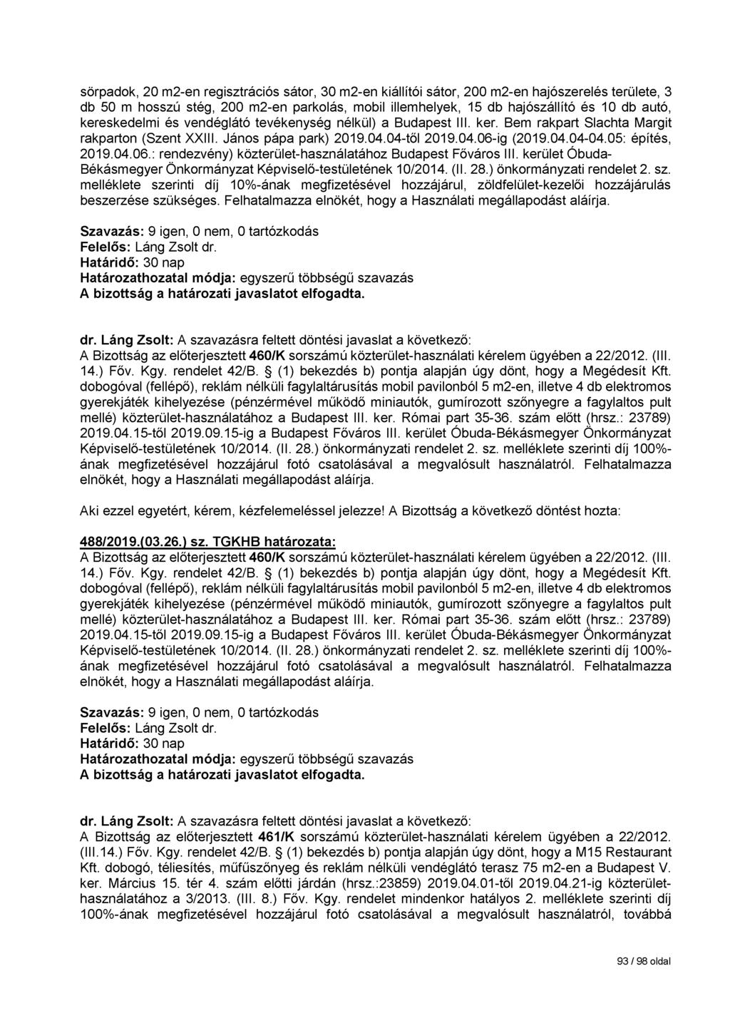 sörpadok, 20 m2-en regisztrációs sátor, 30 m2-en kiállítói sátor, 200 m2-en hajószerelés területe, 3 db 50 m hosszú stég, 200 m2-en parkolás, mobil illemhelyek, 15 db hajószállító és 10 db autó,