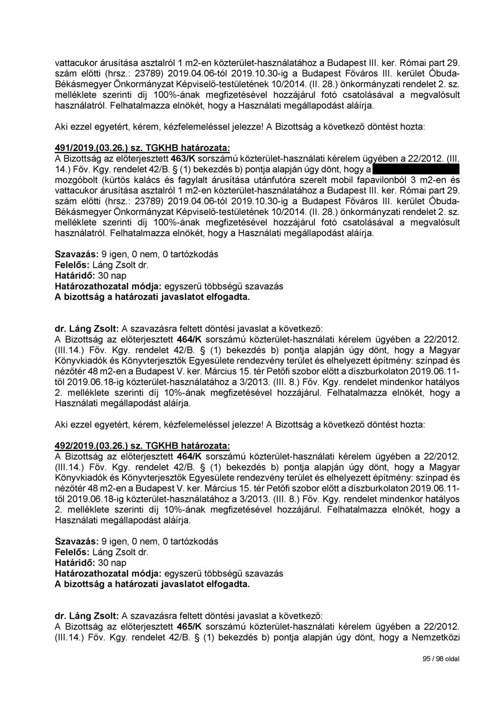 vattacukor árusítása asztalról 1 m2-en közterület-használatához a Budapest III. ker. Római part 29. szám előtti (hrsz.: 23789) 2019.04.06-tól 2019.10.30-ig a Budapest Főváros III.