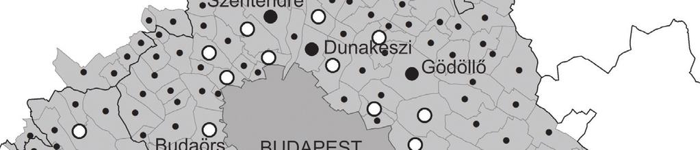A Budapesti várostérség vizsgált települései népességnagyság-kategóriák szerint, 2001* Settlements of the Budapest metropolitan region by population size