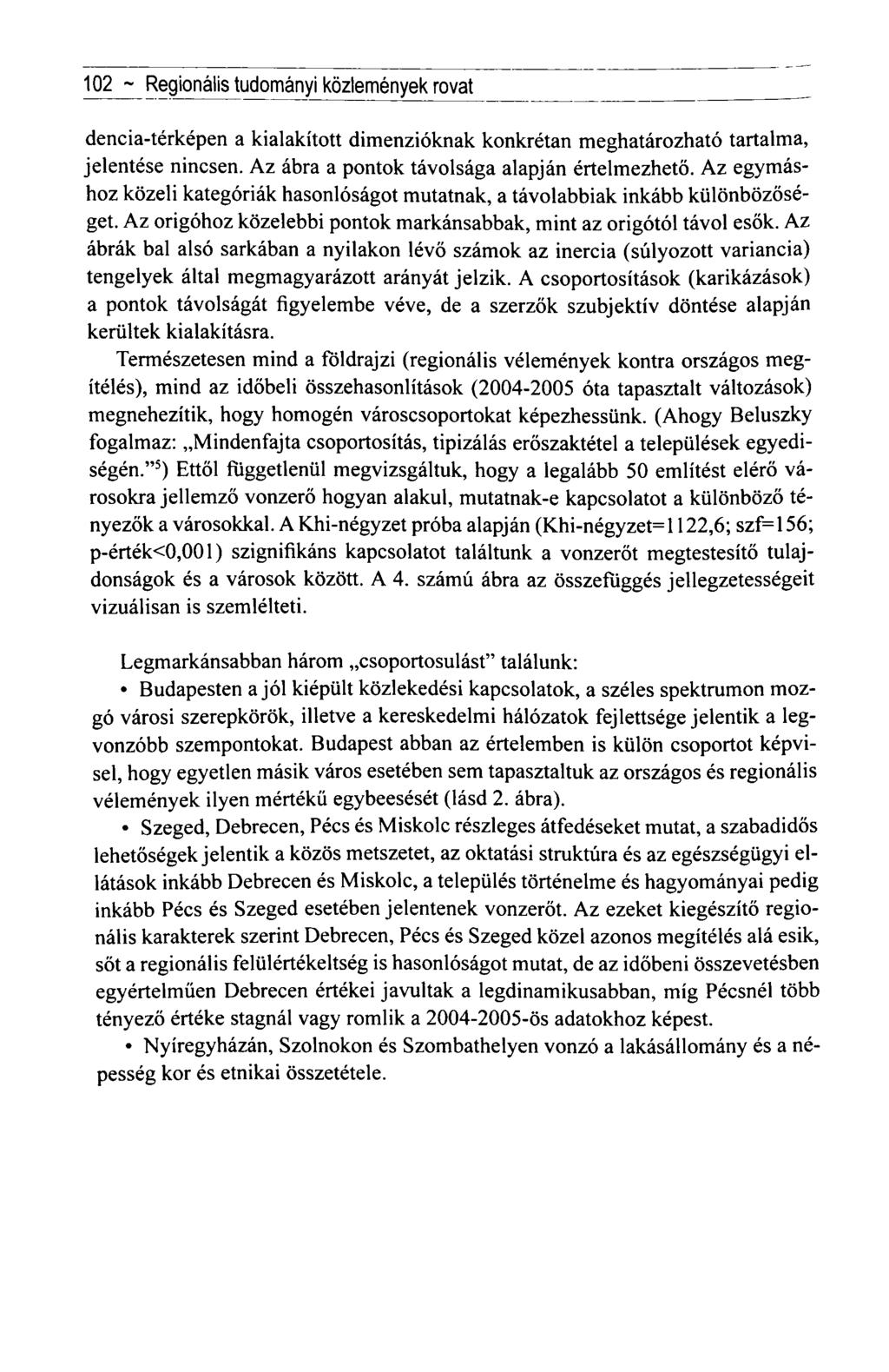 102 ~ Regionális tudományi közlemények rovat dencia-térképen a kialakított dimenzióknak konkrétan meghatározható tartalma, jelentése nincsen. Az ábra a pontok távolsága alapján értelmezhető.
