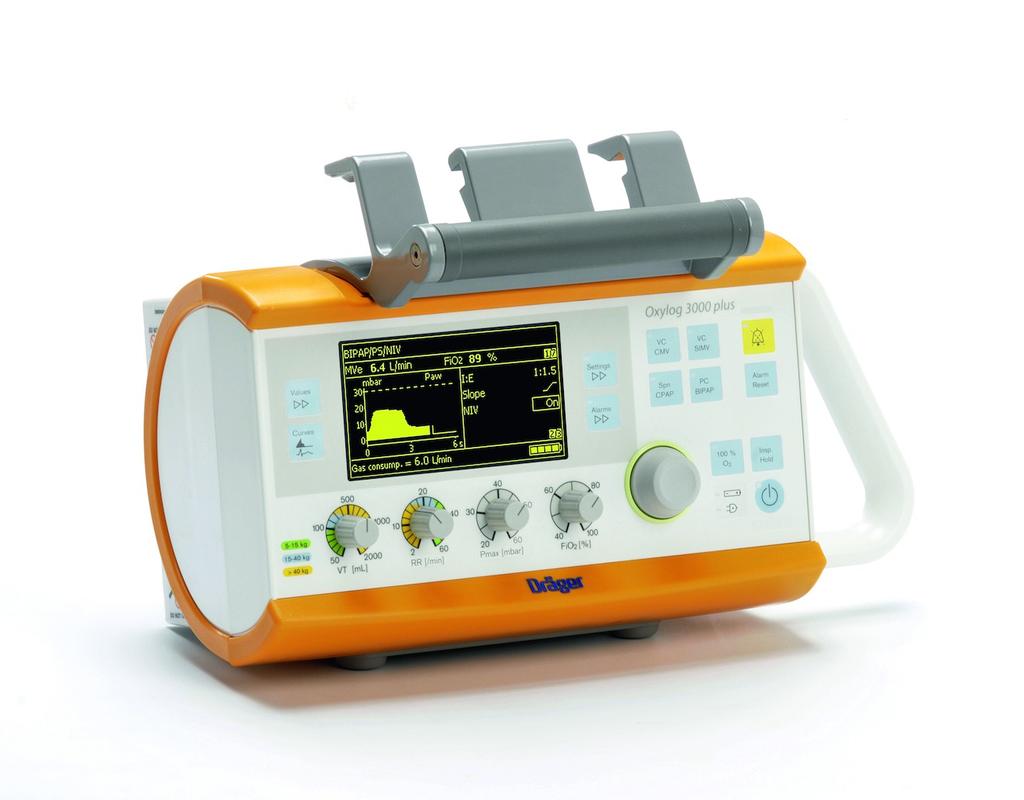 Dräger Oxylog 3000 plus Sürgősségi és transzport lélegeztetés MT-5809-2008 Az Oxylog 3000 plus kompakt és masszív transzport lélegeztetőgép, ami segít a páciensek biztonságos szállításában, és