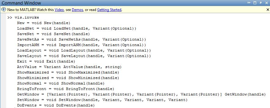 4.4. ábra: A Matlab parancssor válasza egy Vissim-COM objektum "invoke" parancsára Mint látható, a lista az elérhető metódusokat sorolja fel a visszatérési érték típusával és a hozzájuk tartozó