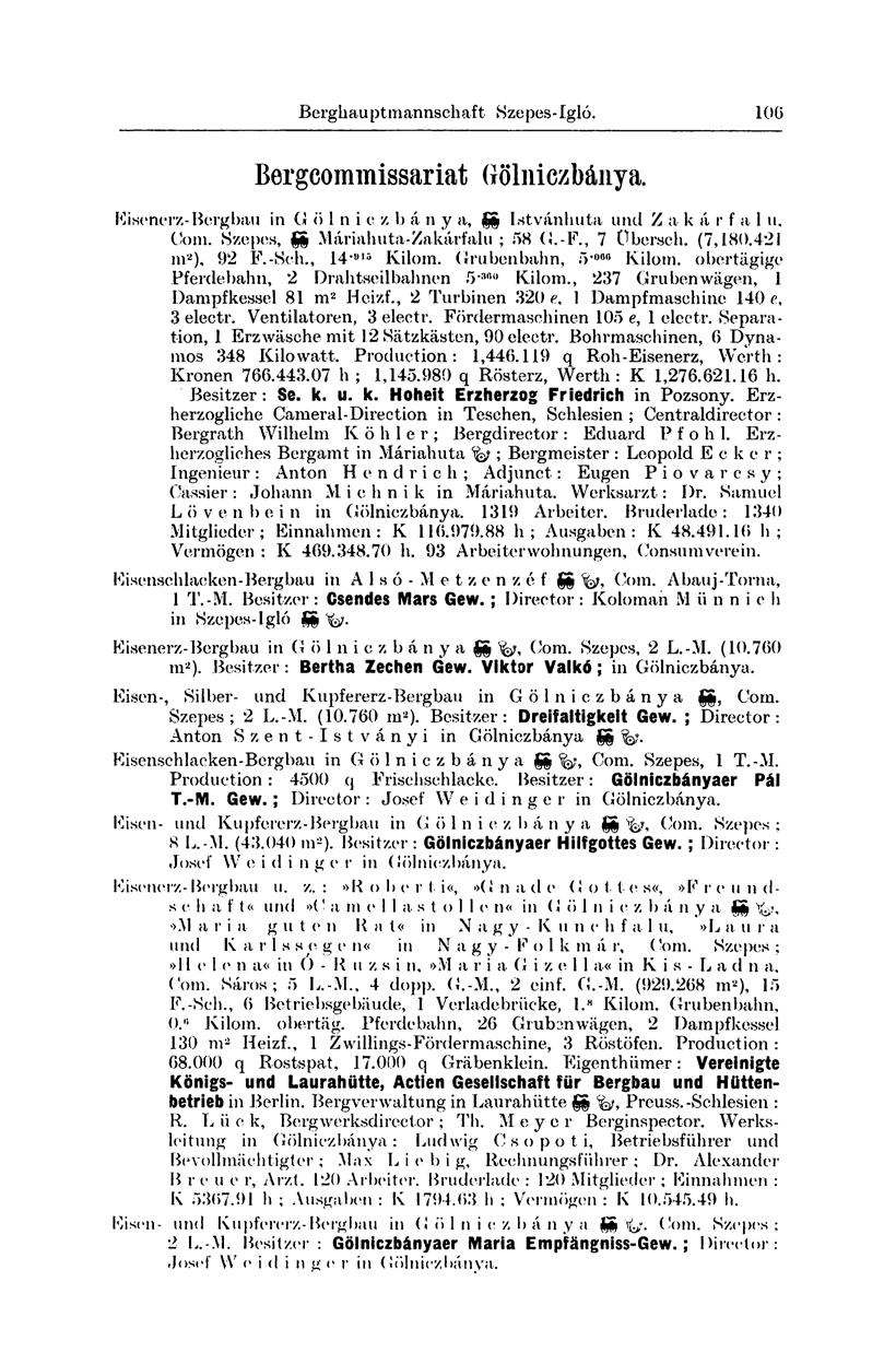 Berghauptmannschaft Szepes-Igló. 237 Bergcommissariat Gölniczbánya. Eisenerz-Bergbau in Cl ö 1 n i e z b á n y a, SS Istvánhuta und Z a k á r f a 1 u. Com. Szepes, SS Máriahuta-Zakárfalu ; 58 (Í.-F.