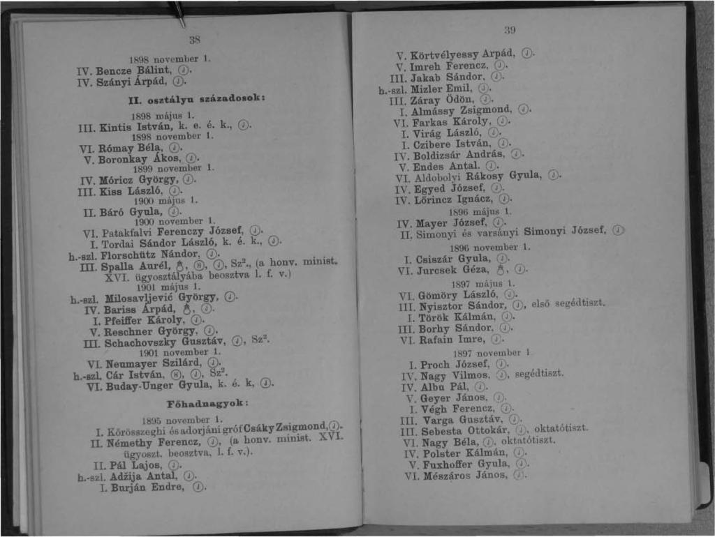 38 898 noyember. V. Bencze }3álint, (D. V. Szányi Arpád, (D.. osztá.lyu szá.zado8ok: 898 május.. Kintis stván, k. e. é. k., (D. 898 november. V. Rómay Béla, (D. V. Boronkay Ákos, 0 899 november. V. Móricz György, (D.