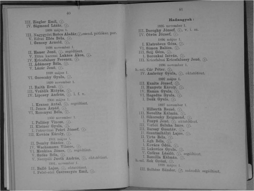 40. Ziegler Emil, 0 V. Sigmond Lázár, (D. 898 május.. Nagygyőri Szőcs Aladár,0,csend. pótlóker. par. V. Edvei llés Béla, 0).. Gencsy Arnold, Q\ 898 november.. Hauer Jenő, J). segécltiszt. V. Ettre karcsai Lukács Ákos, 0 V.