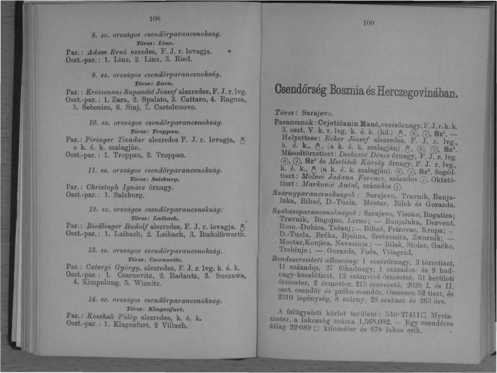 OF: 8. sz. o'rszagos csendő-pa'l'ltncsnokság. Tö'zs: Linz. Par.: Adam E'rnő ezredes, F. J. r. lovagja. Oszt.-pal.:. Linz, 2. Linz, 3. Ried. 9. sz. Q'szágos csendő-parancsnokság. TÖ''zs: Zatra. Par. : Króisenaui Supanéié Józse!