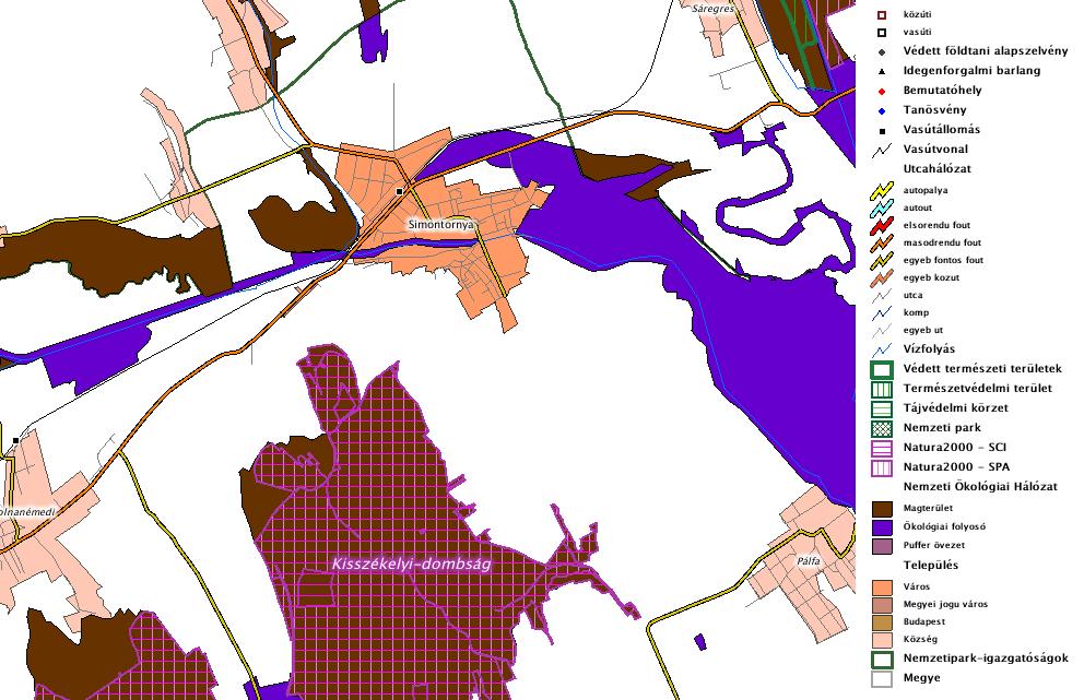 14. számú ábra: A natura2000 és az ökológiai hálózat területei Simontornyán (forrás: TIR) Natura 2000 területek Különleges madárvédelmi terület a kisszékelyi dombság (hudd10005), mely kisszékely,