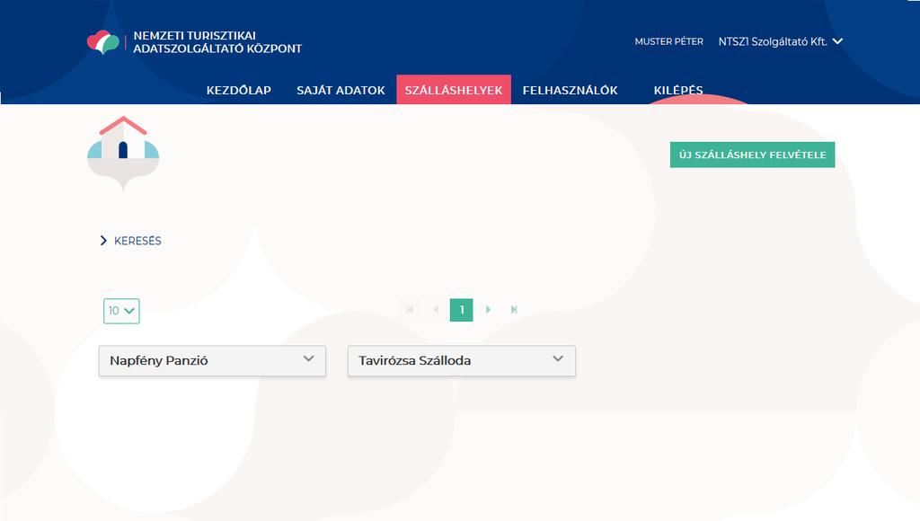 1. Szálláshelyek kezelése A Szálláshelyek menüben lehet a kiválasztott Szálláshely-szolgáltatóhoz tartozó szálláshelyeket: Karbantartani Törölni Újakat rögzíteni 1.1. Keresés A keresés szekció alapértelmezetten csukott állapotban jelenik meg.