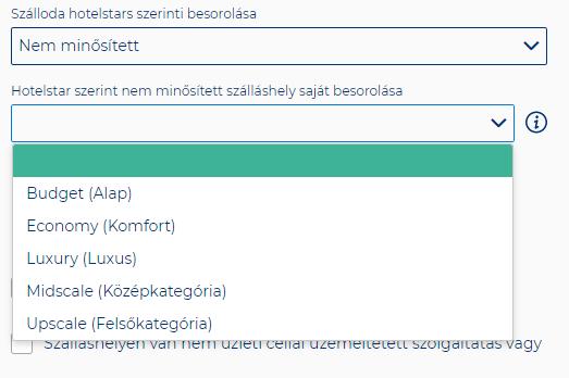 Kategóriák: Luxury (Luxus): Legmagasabb igényeket kielégítő, és teljes körű szolgáltatásokat biztosító exkluzív szálloda, általában magas áron elérhető Upscale (Felsőkategória): Kiemelkedő