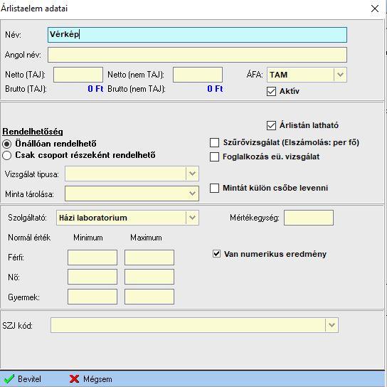 A labor vizsgálat számára definiálni lehet: a vizsgálat árlistából ismert adatokat (név, angol név ár stb.), normál értékét (férfi, női, ill. gyermek), mértékegységét, vizsgálat típusát (pl.