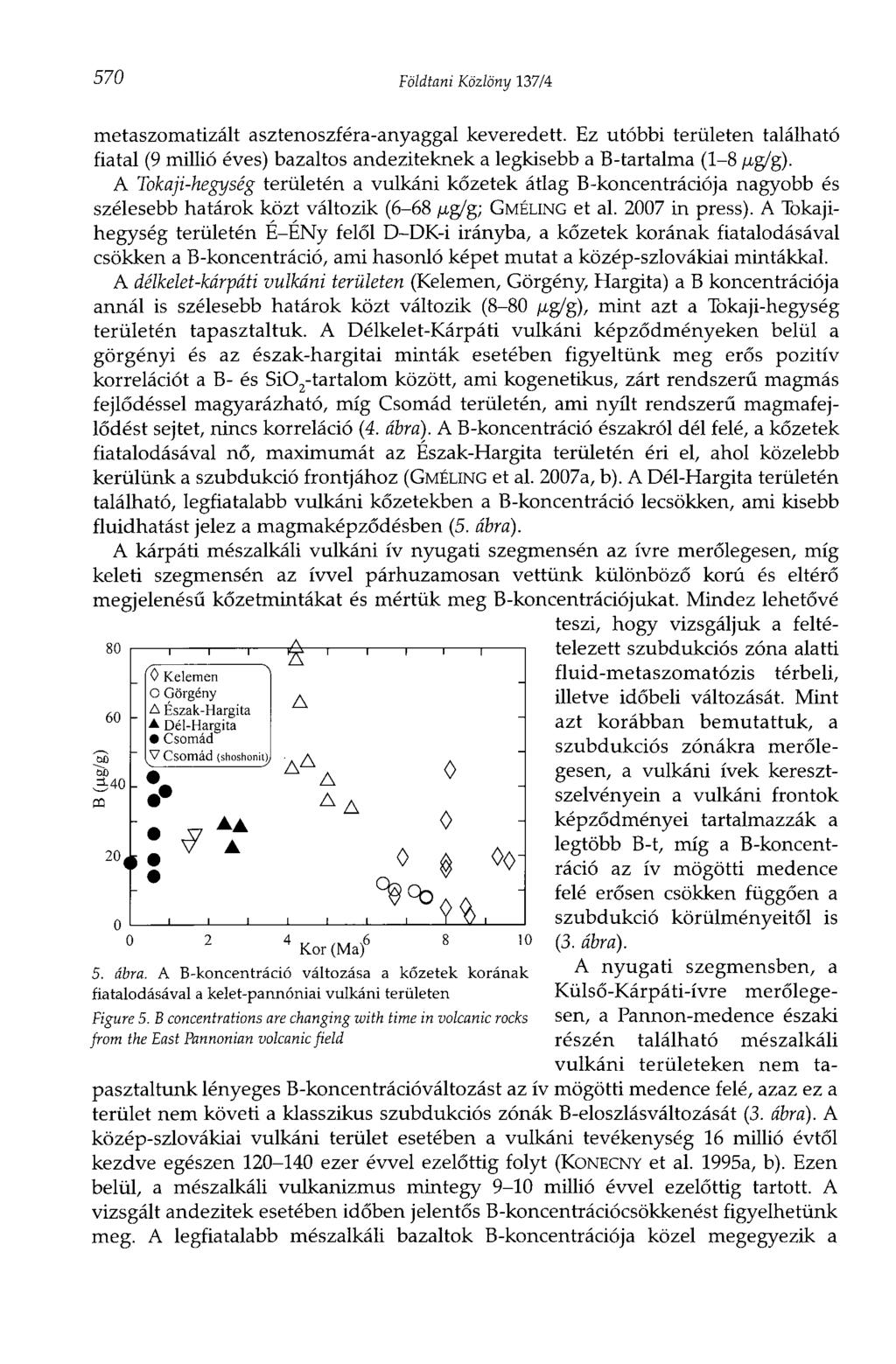 570 Földtani Közlöny 137/4 metaszomatizált asztenoszféra-anyaggal keveredett. Ez utóbbi területen található fiatal (9 millió éves) bazaltos andeziteknek a legkisebb a B-tartalma (1-8 /xg/g).