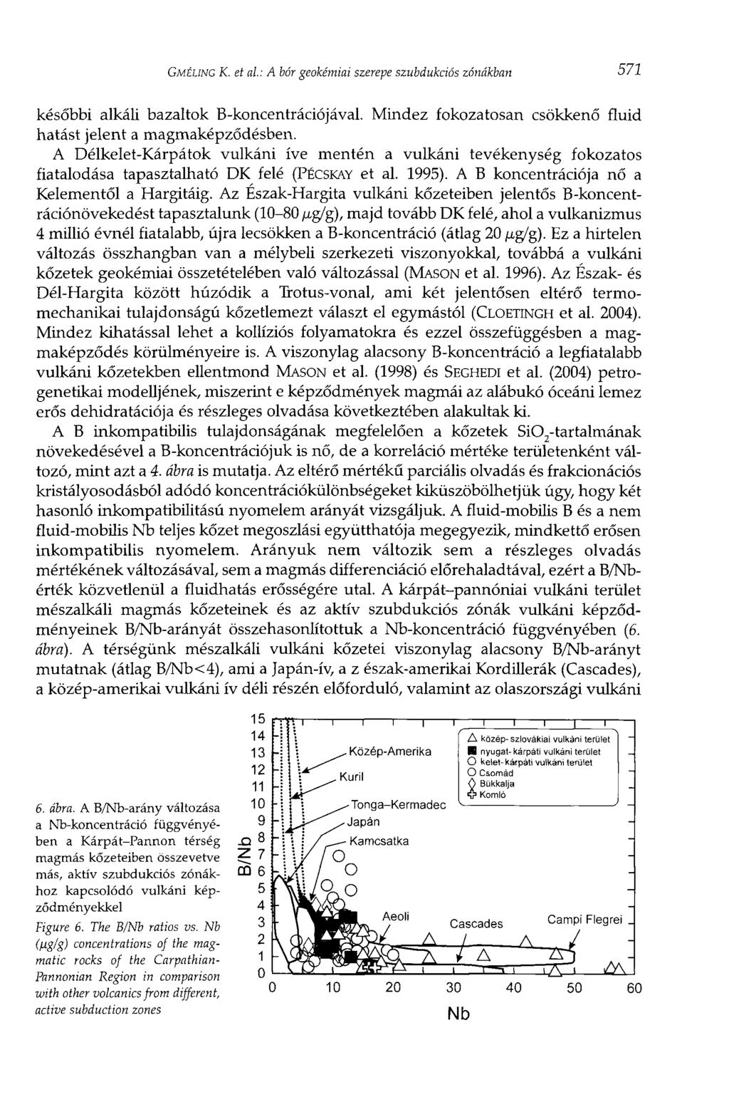 GMÉLING К. et al: A bór geokémiai szerepe szubdukciós zónákban 571 későbbi alkáli bazaltok B-koncentrációjával. Mindez fokozatosan csökkenő fluid hatást jelent a magmaképződésben.