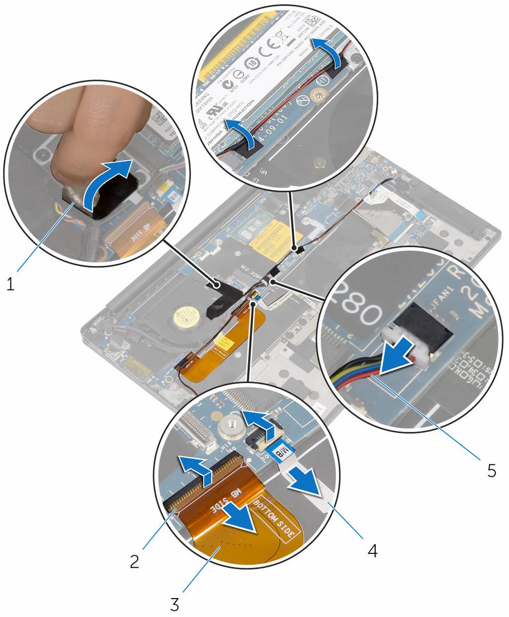 7 Open the latches and disconnect the I/O-board cable and the touch-pad cable from the system board.