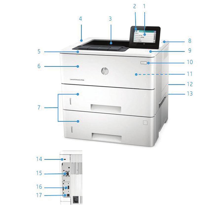 Terméknézetek A képen a HP LaserJet Enterprise M506x látható 1. Az intuitív 10,9 cm képátlójú színes VGA-kezelőpult felfelé dönthető a könnyebb használatért 2.