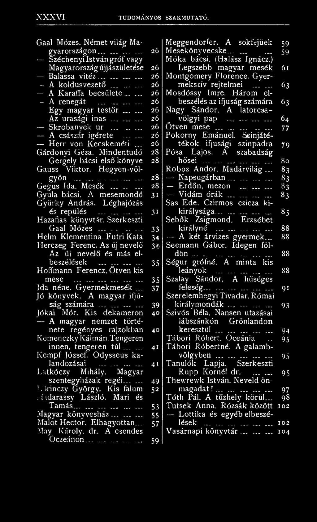 Kis dekameron A magyar nemzet története regényes rajzokban Kemenczky Kálmán.Tengeren innen, tengeren túl...... Kempf József. Odysseus kalandozásai......... Latkóczy Mihály. Magyar szentegyházak regéi.