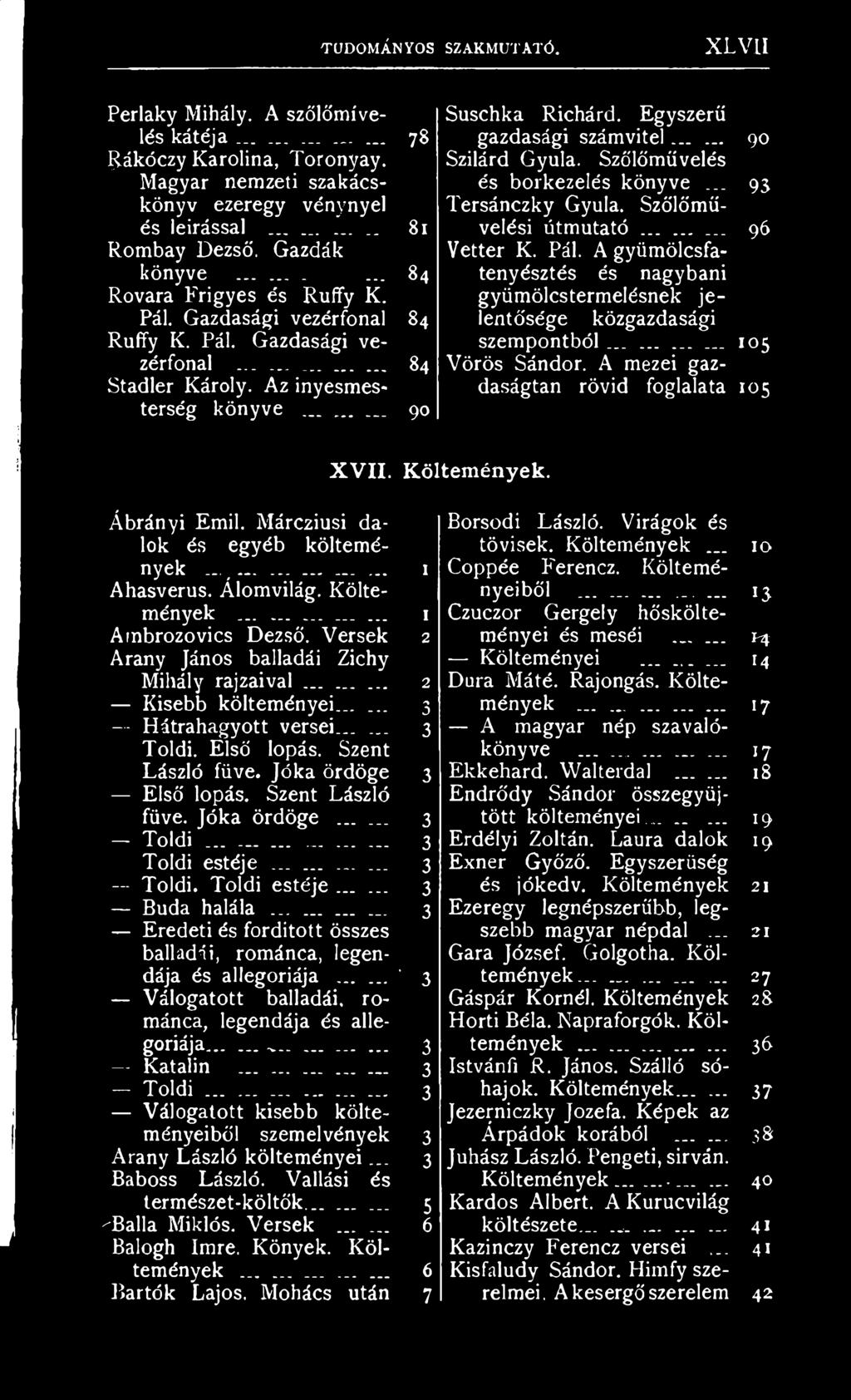 Egyszerű gazdasági számvitel...... 90 Szilárd Gyula. Szőlőművelés és borkezelés könyve... 93 Tersánczky Gyula. Szőlőművelési útmutató......... 96 Vetter K. Pál.