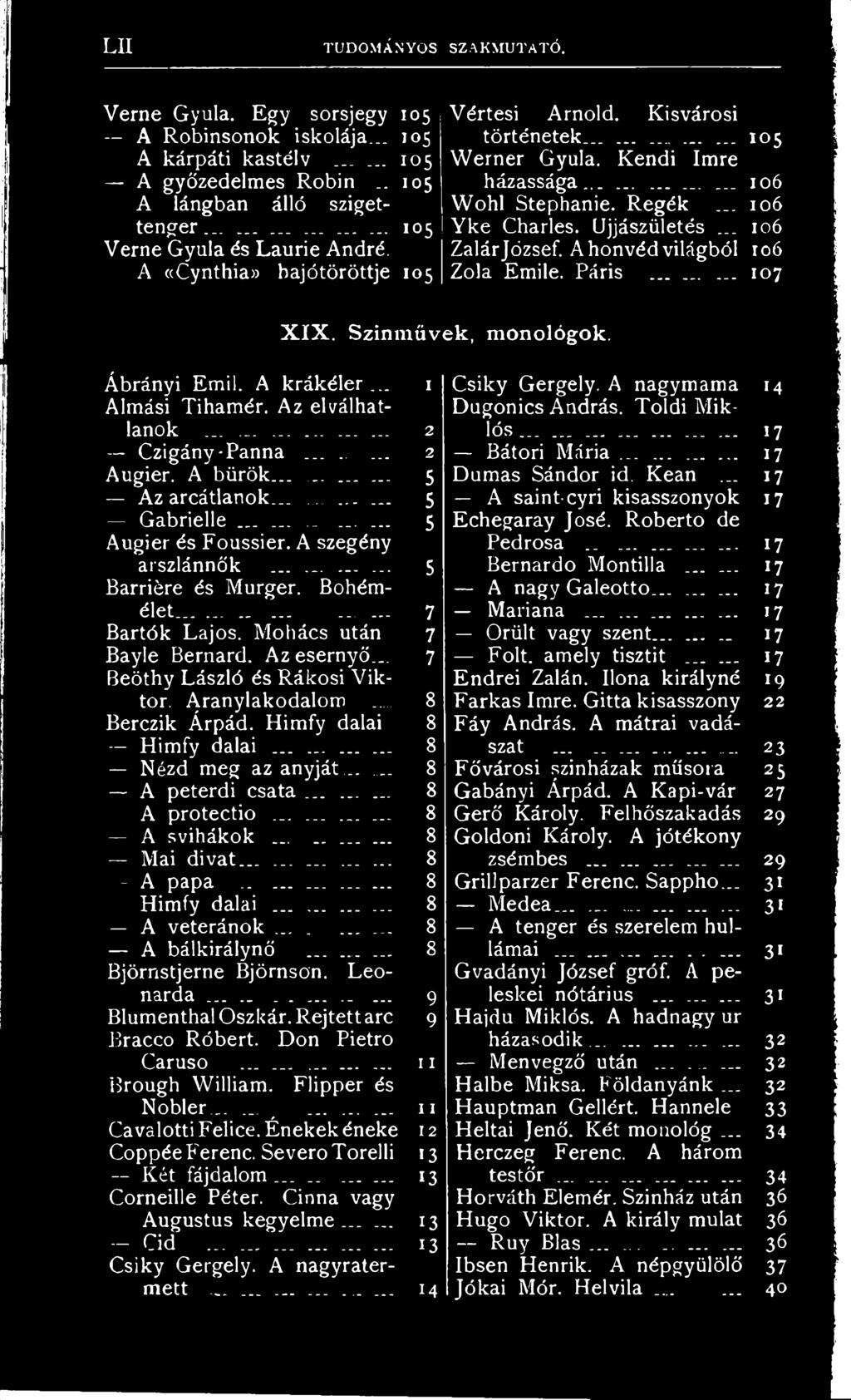 .. 106 Zalár József. A honvéd világból 106 Zola Emilé. Páris......... 107 X IX. Színművek, monológok. Ábrányi Emil. A krákéler... 1 Almási Tihamér. Az elválhatlanok............. 2 Czigány"Panna.