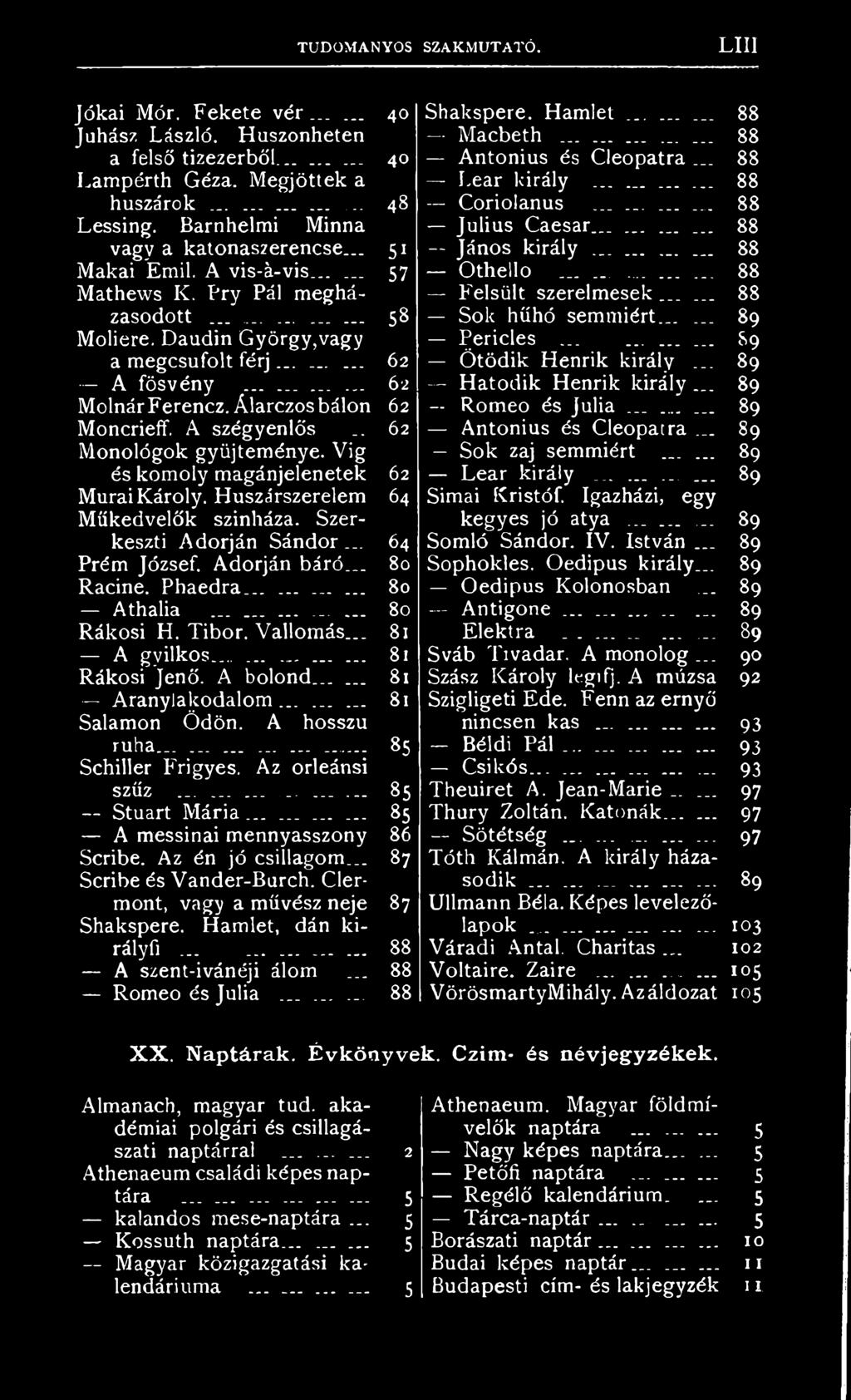Álarczos bálon 62 Moncrieff. A szégyenlős... 62 Monológok gyűjteménye. Víg és komoly magánjelenetek 62 Murai Károly. Huszárszerelem 64 Műkedvelők színháza. Szerkeszti Adorján Sándor... 64 Prém József.