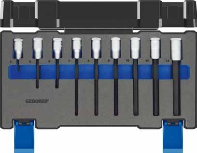 belső 6-szög csavarokhoz 4-14 mm méretekben Praktikus és robusztus műanyag dobozban Az egyes alkotóelemek fix elhelyezkedését egy kiváló minőségű habszivacs betét biztosítja GEDORE Check-Tool